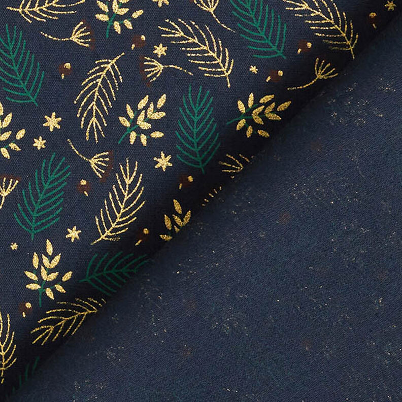 Bomuldsstof Poplin grene og bær – natblå/guld,  image number 4