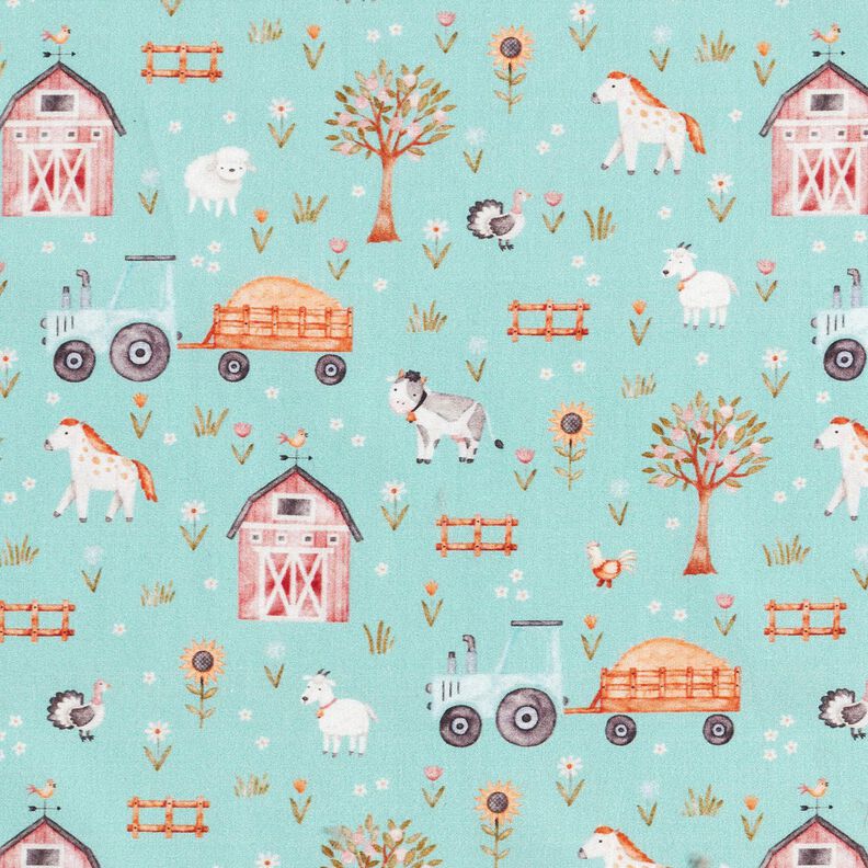 Bomuldspoplin sød bondegård – eukalyptus/ferskenorange,  image number 1