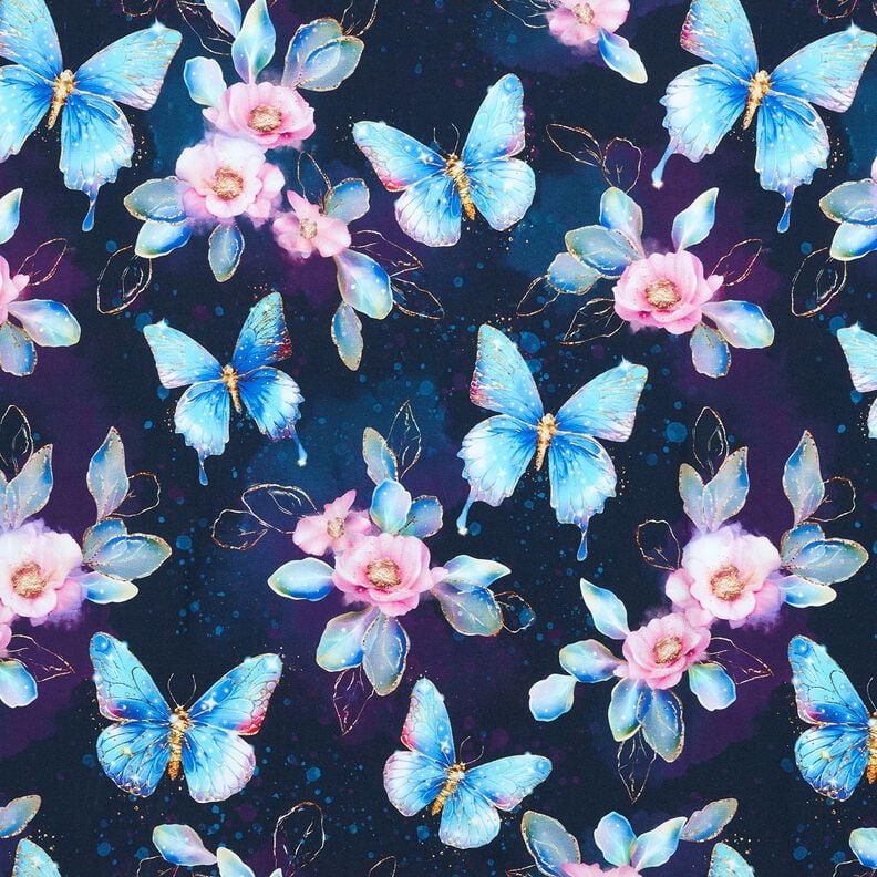 Bomuldsjersey glitrende sommerfugle og blomster | Glitzerpüppi  – natblå/isblå,  image number 1