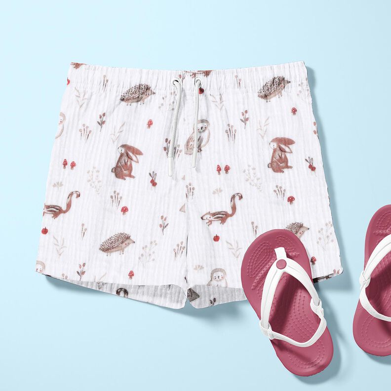 Musselin/Dobbelt-Crincle stof Dyr på skovlysningen – hvid,  image number 6