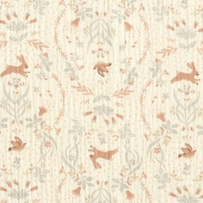Musselin/Dobbelt-Crincle stof Fugl og hare i blomsterhaven – uldhvid, 