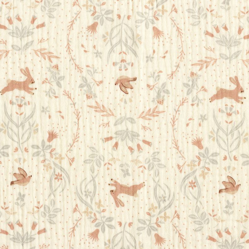 Musselin/Dobbelt-Crincle stof Fugl og hare i blomsterhaven – uldhvid,  image number 1
