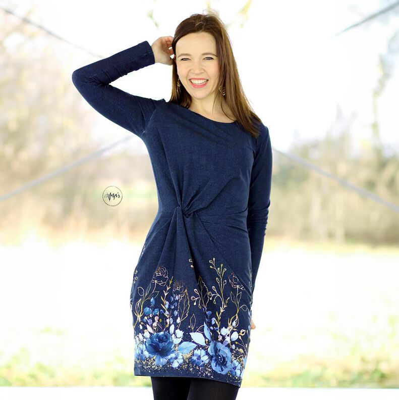 Bomuldsjersey bordurestof blomster i guldglimmer | Glitzerpüppi – natblå/jeansblå,  image number 6