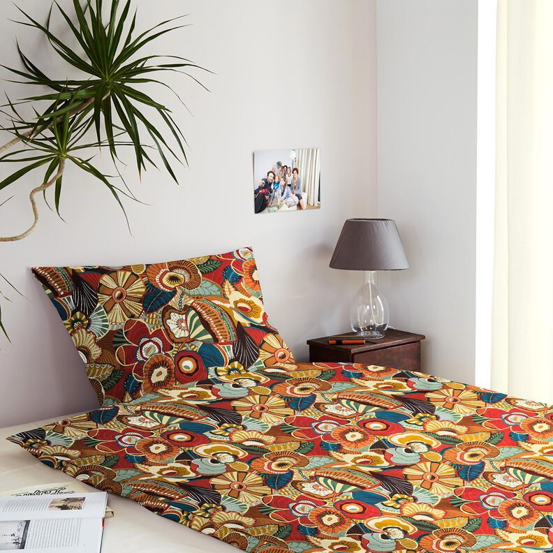 Bomuldsstof Cretonne folklore blomster – karminrød/petrol,  image number 7