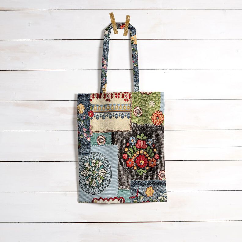 Dekorationsstof Gobelin jeans-patchwork – lysebeige/jeansblå,  image number 8