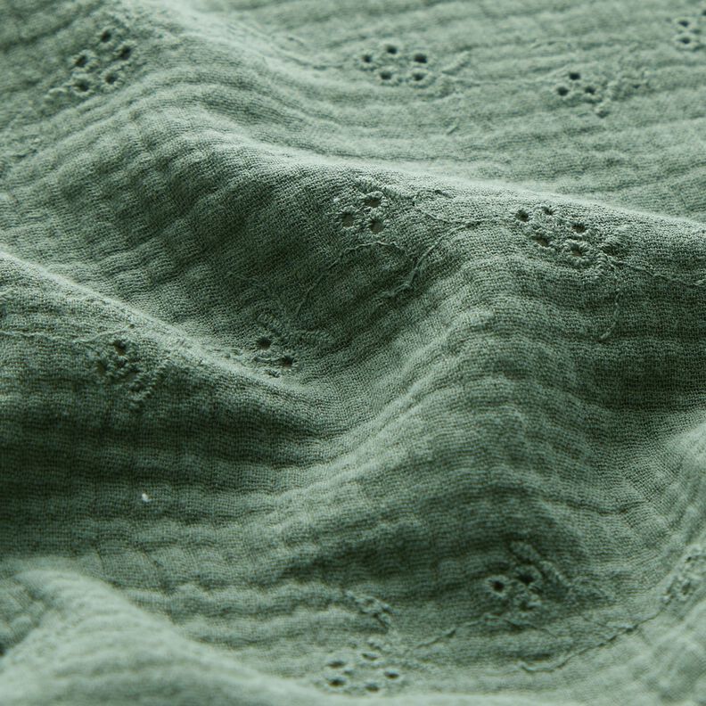 Musselin/Dobbelt-Crincle stof Hulbroderi Blomsterranker – mørkegrøn,  image number 2