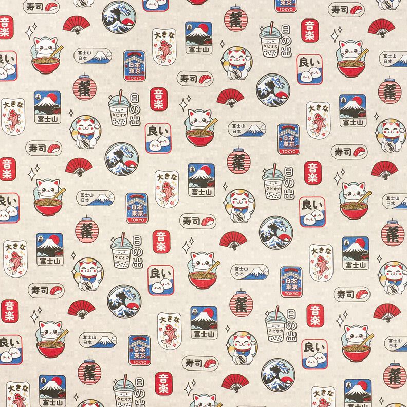 Dekorationsstof Halvpanama asiatiske snacks &ndash; natur/bl&aring;,  image number 1