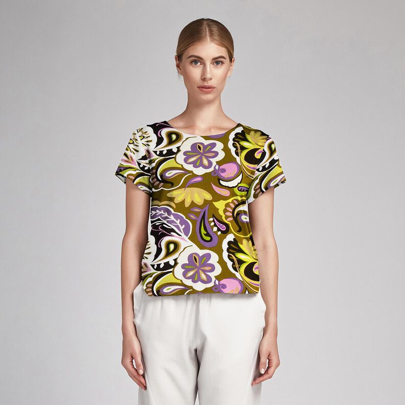 Viskosestof retroblomster – olivengrøn/lilla,  image number 5