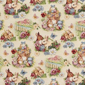 Dekorationsstof Gobelin Påskeharer i haven – lysebeige/bær, 