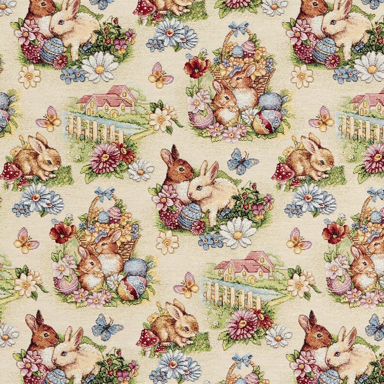 Dekorationsstof Gobelin Påskeharer i haven – lysebeige/bær,  image number 1