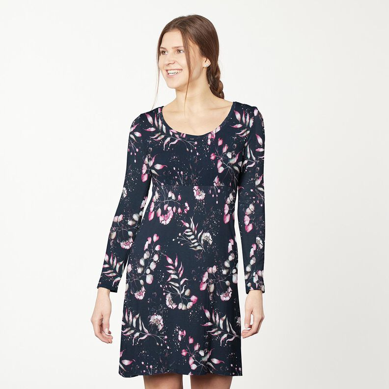 Bomuldsjersey Eukalyptus og hortensia | Glitzerpüppi – natblå/rosa,  image number 5