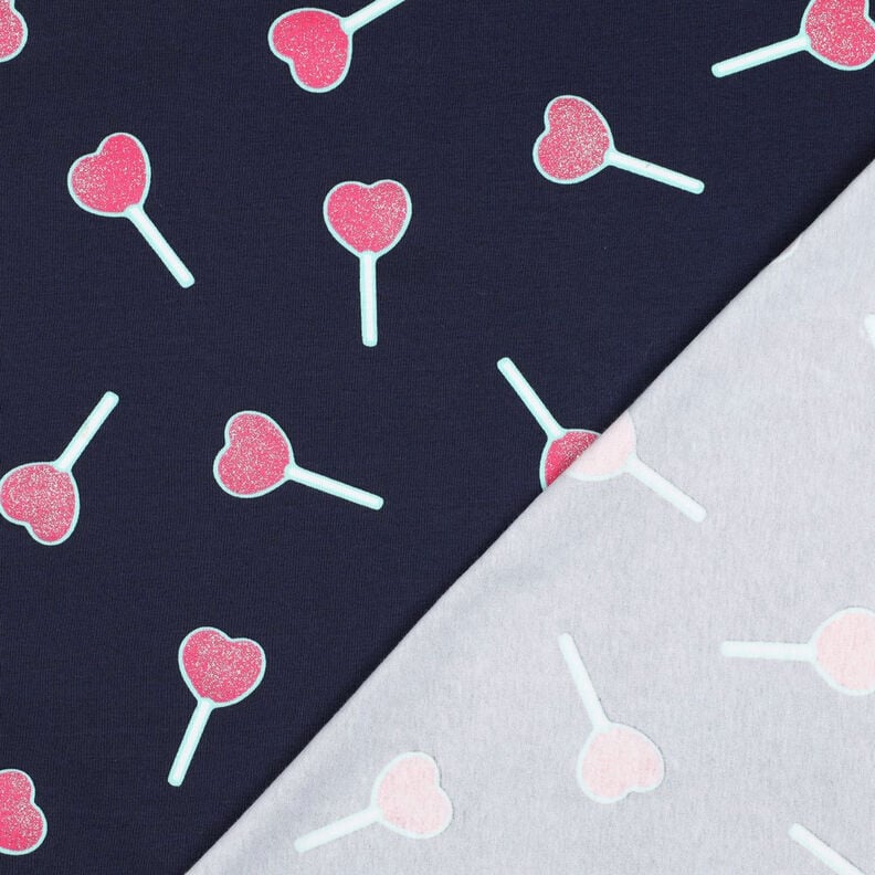 Bomuldsjersey glitter-hjerte-lollipops | Poppy Fabrics – natblå,  image number 4