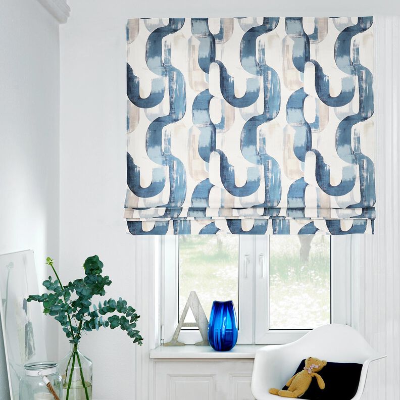 Dekorationsstof Halvpanama abstrakt kæde – elfenben/blå,  image number 6