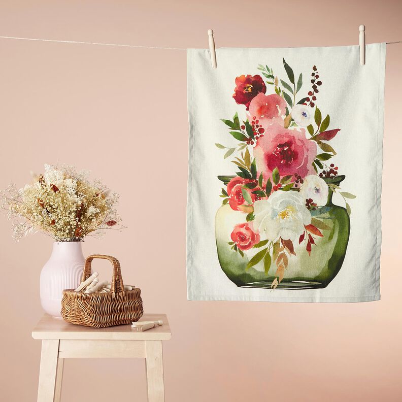 Dekorativt panelstof Trio akvarelblomster – elfenben/bær,  image number 6