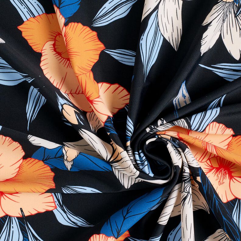 Badetøjsstof Store hibiscusblomster – sort-blå/apricot,  image number 3