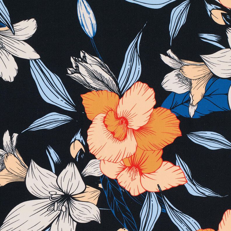 Badetøjsstof Store hibiscusblomster – sort-blå/apricot,  image number 6