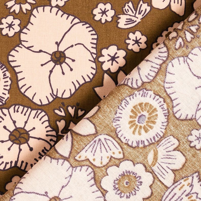 Bomuldsstof Cretonne retro-blomster – olivengrøn/rosé,  image number 4