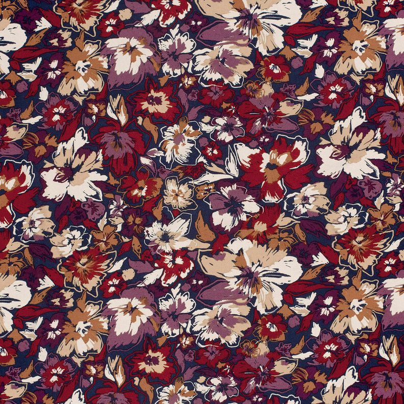 Viskosejersey udtryksfulde blomster – marineblå/rødlilla,  image number 1