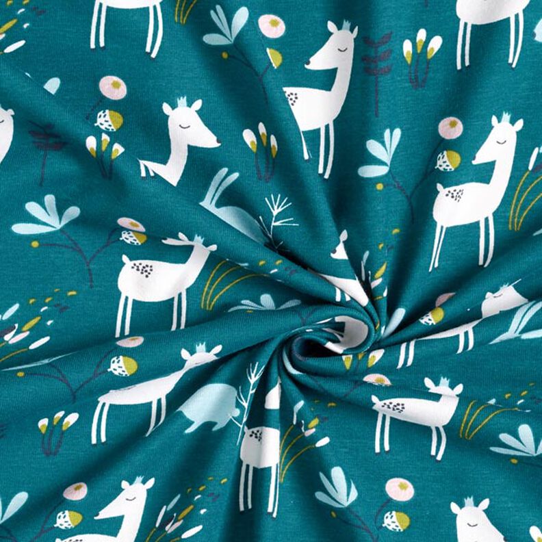 Bomuldsjersey Hare og rådyr – petrol,  image number 4
