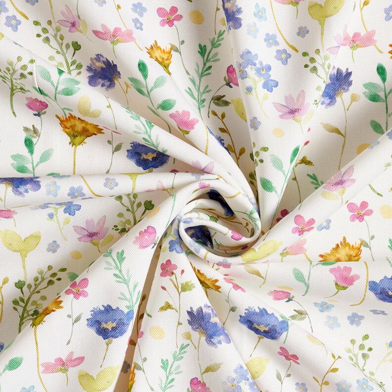 Dekorationsstof Bomuldskiper engblomster – elfenben/blålilla,  image number 3