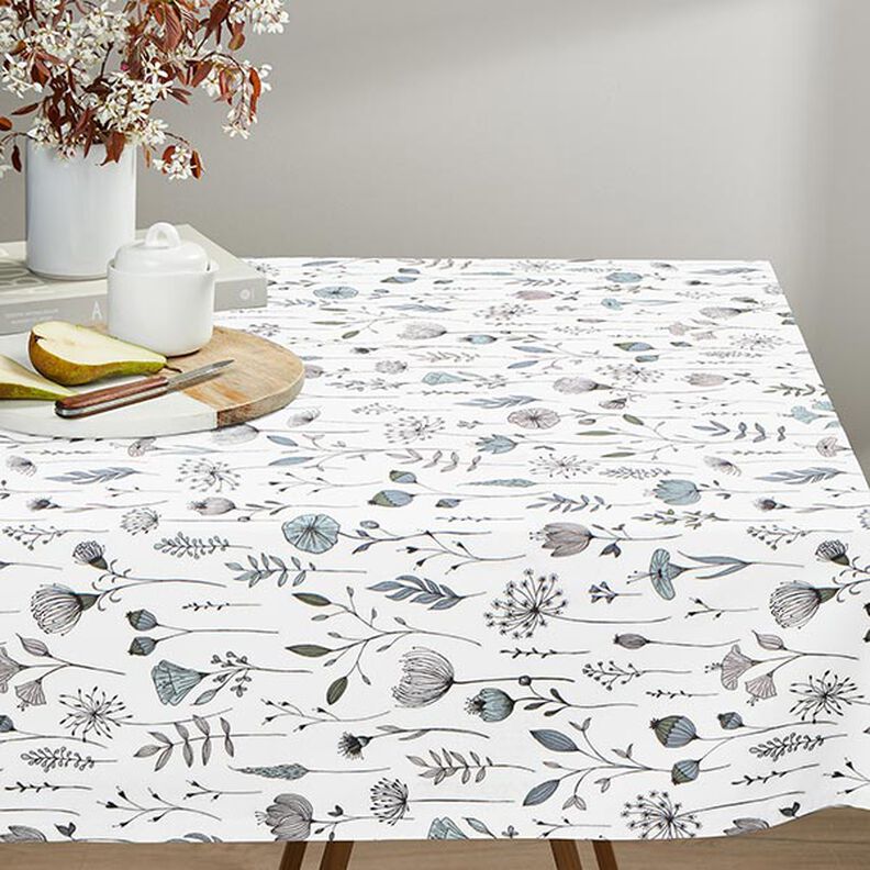 Dekorationsstof Halvpanama blomstertegning – uldhvid/sort,  image number 7