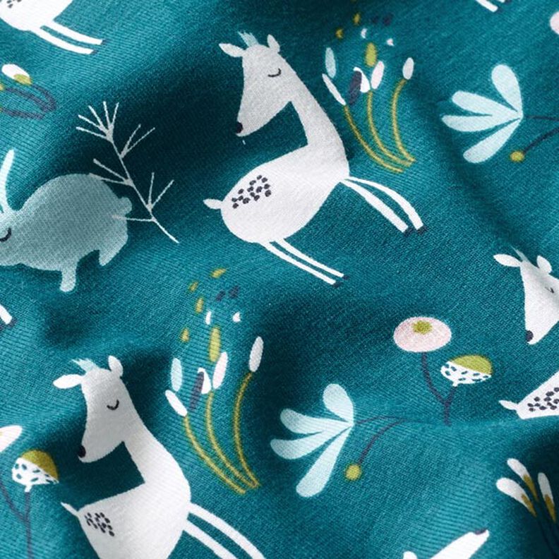 Bomuldsjersey Hare og rådyr – petrol,  image number 2