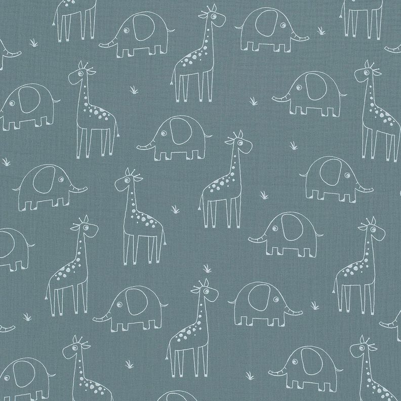 Musselin/Dobbelt-Crincle stof store giraffer og elefanter – dueblå,  image number 1