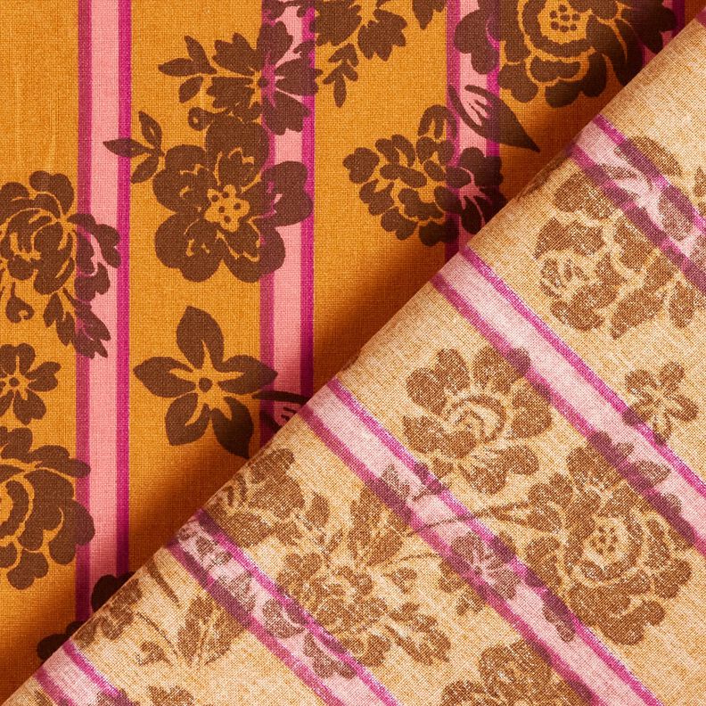 Bomuldsstof Cretonne blomster på striber – karrygul/purpur,  image number 4