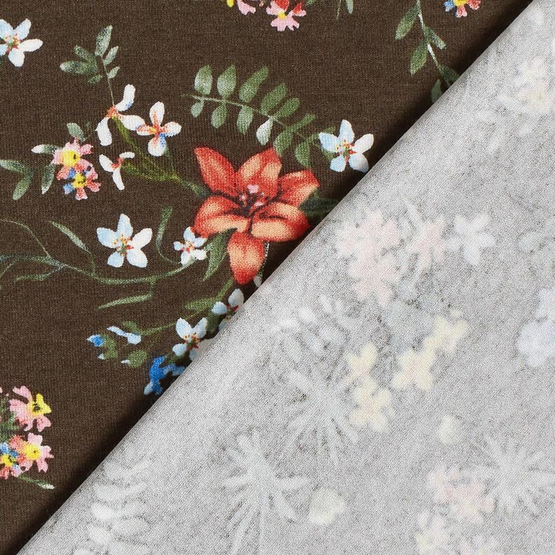 Viskosejersey små blomster – mørkebrun/ildrød | Reststykke 60cm,  image number 4