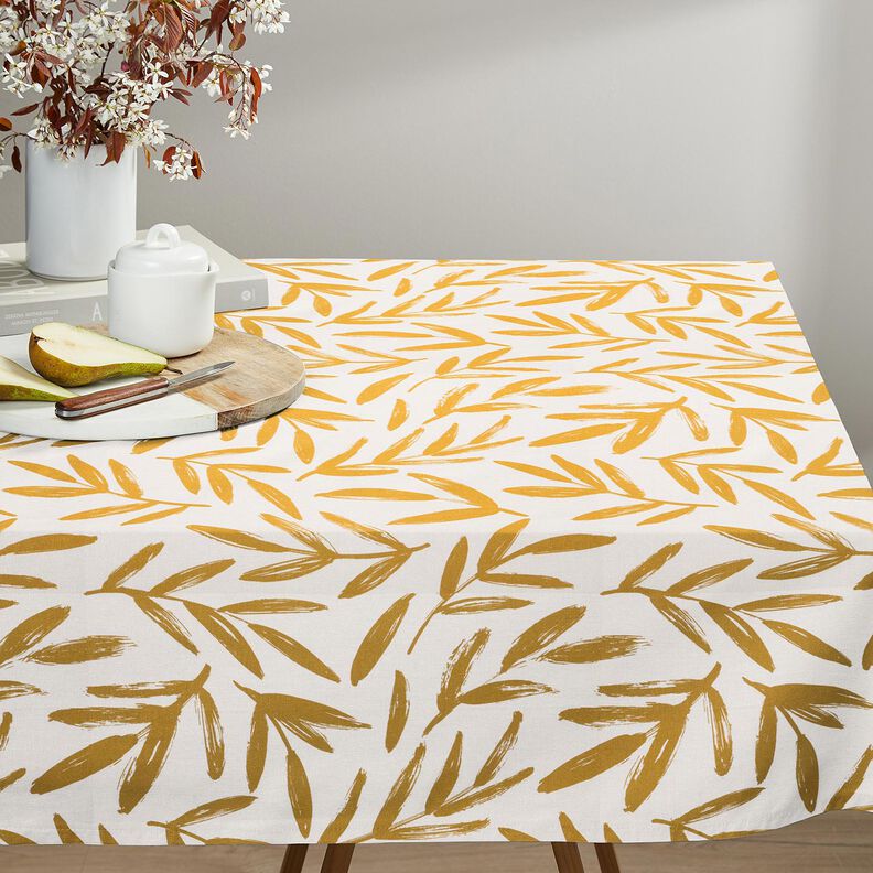 Dekorationsstof Halvpanama minimalistiske blade – sennep/natur,  image number 7