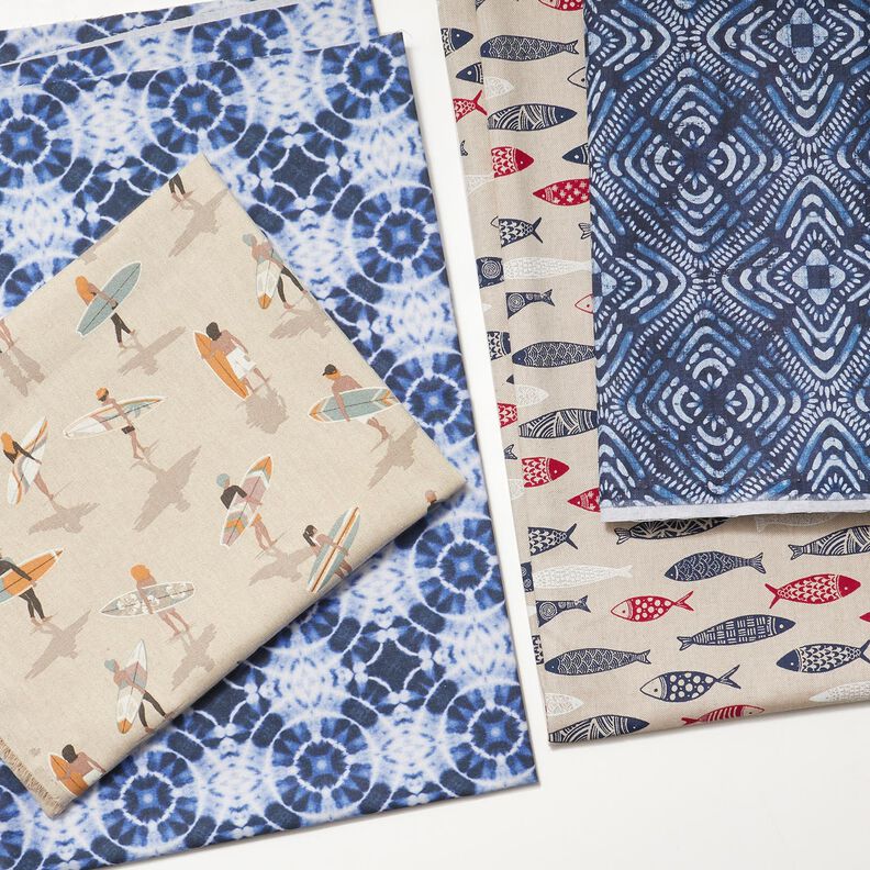 Dekorationsstof Canvas batikcirkler – indigo/hvid,  image number 6