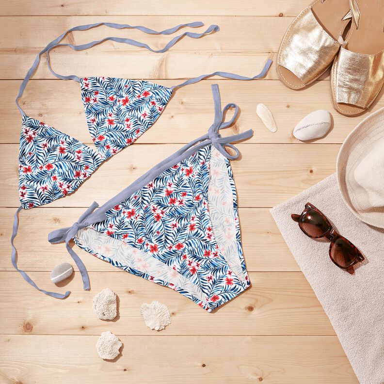 Badetøjsstof Blomster og palmevifter – hvid/indigo,  image number 6