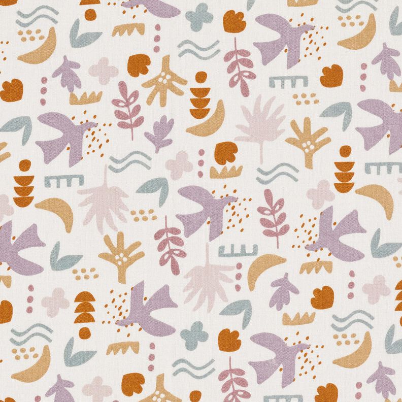 Bomuldsstof Cretonne abstrakte fugle – uldhvid/pastelviolet,  image number 1