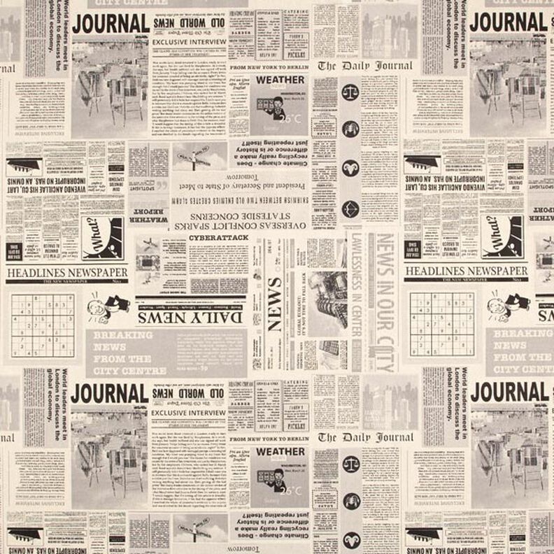 Dekorationsstof Halvpanama vintage avis – natur/sort,  image number 1