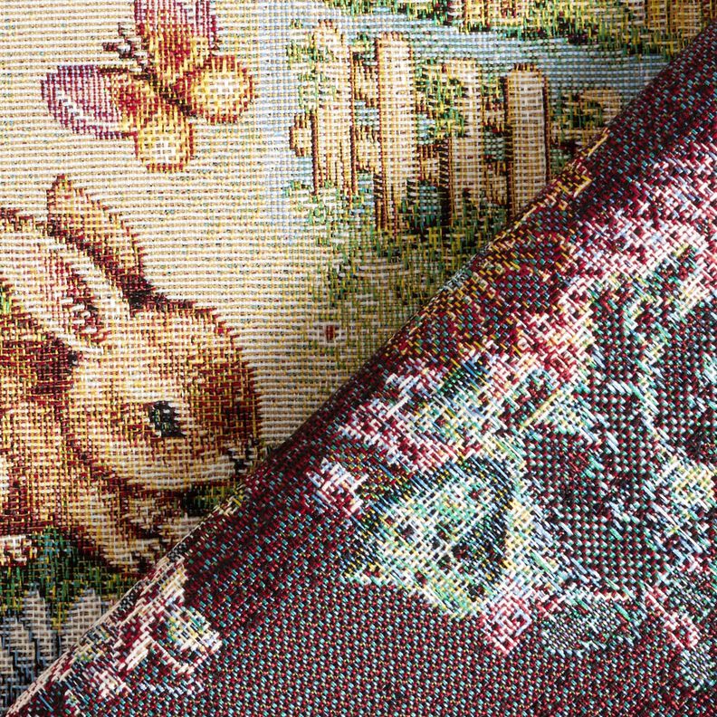 Dekorationsstof Gobelin Påskeharer i haven – lysebeige/bær,  image number 4