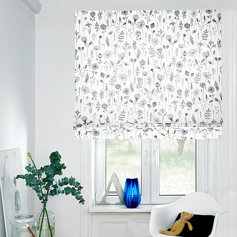 Dekorationsstof Halvpanama blomstertegning – uldhvid/sort,  image number 6