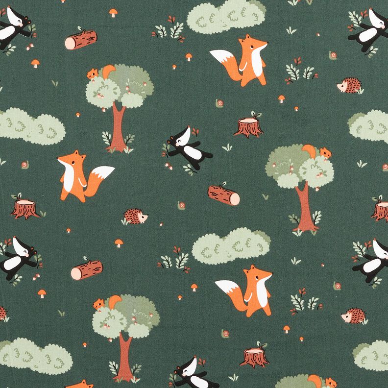 Bomuldspoplin legesyge dyr i skoven – mørkegrøn/ferskenorange,  image number 1