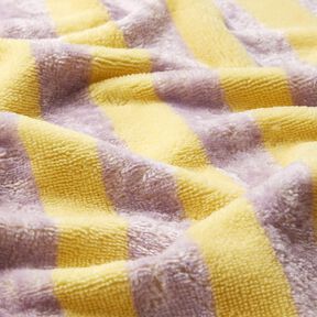 Frottéstof Bambus blokstriber – gul/syren, 