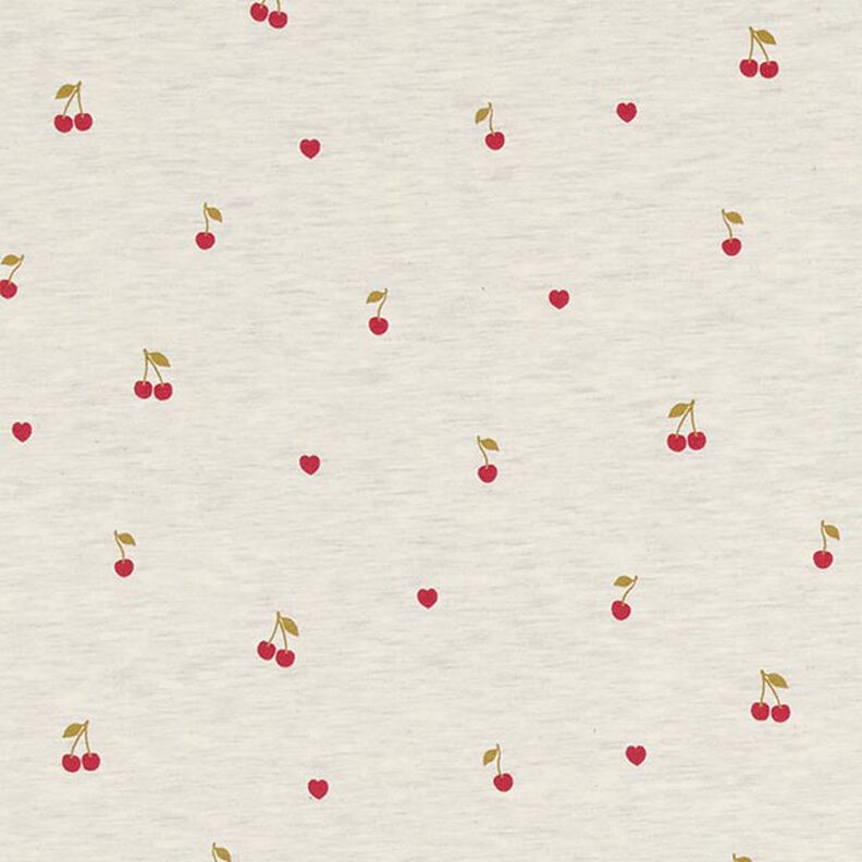 Bomuldsjersey kirsebær og hjerter – natur/lysegrå,  image number 1