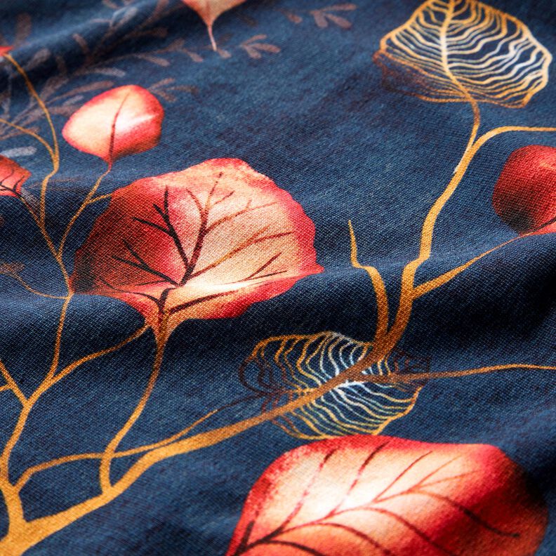 French Terry Bordure stof Efterårsblade | Glitzerpüppi – marineblå/ferskenorange,  image number 6