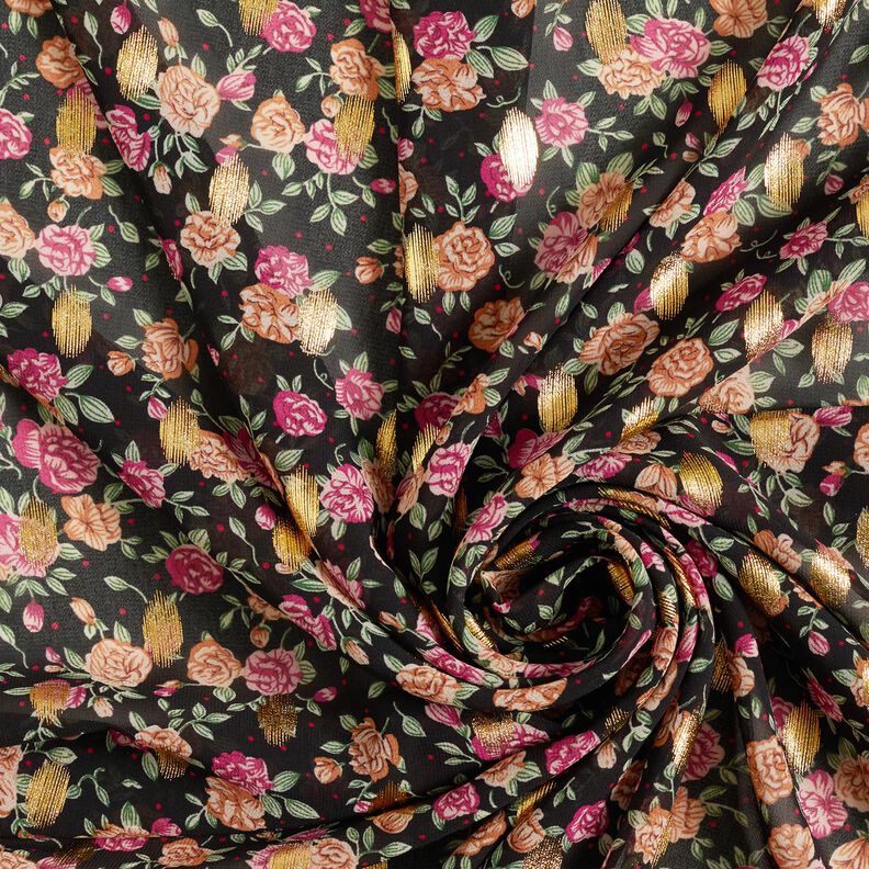 crêpe chiffon blomster og guldprikker – sort,  image number 3