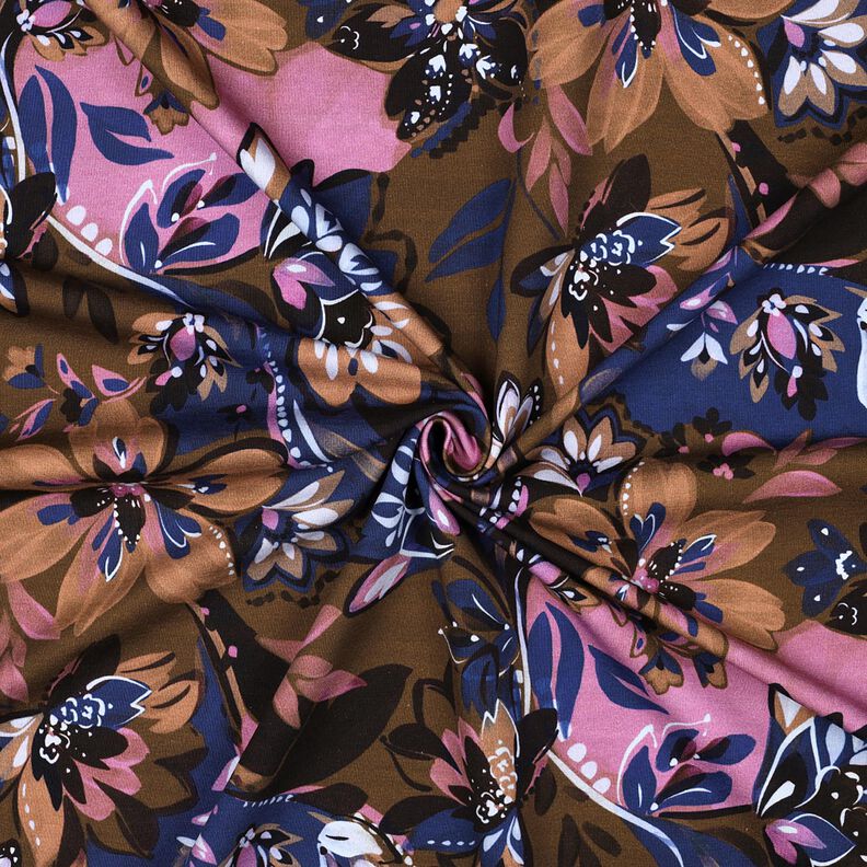 French Terry Sommersweat malede blomster Digitaltryk – indigo/kastaniebrun,  image number 3