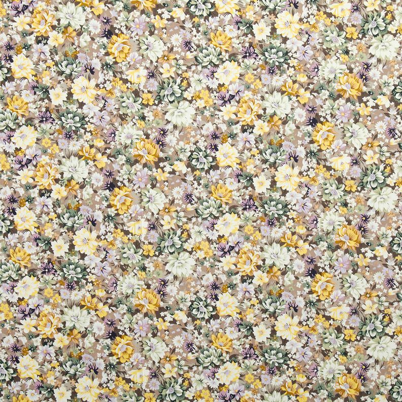 Bomuldspoplin romantiske blomster – lilla-grå/guld,  image number 1