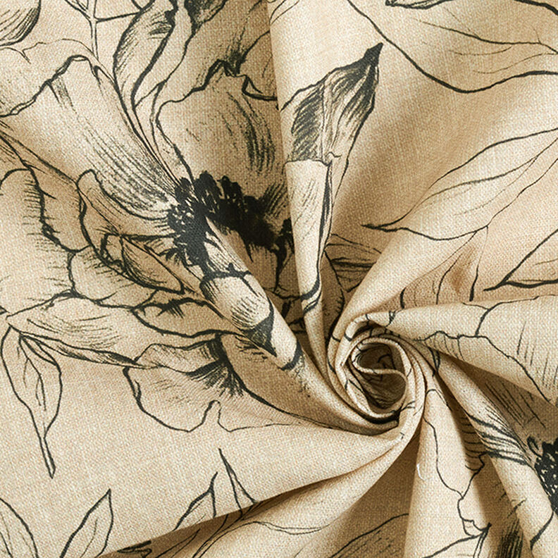 Dekorationsstof Halvpanama tegnede blomster – anemone/sort,  image number 3
