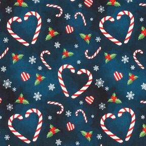 French Terry Sommersweat Candy Cane-hjerter | Glitzerpüppi – natblå/chili, 