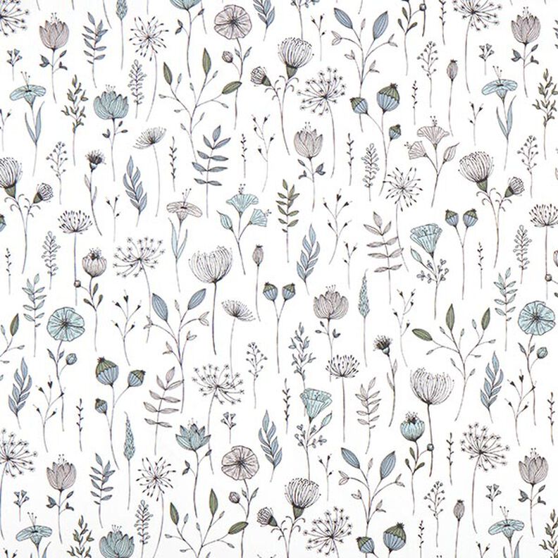 Dekorationsstof Halvpanama blomstertegning – uldhvid/sort,  image number 1