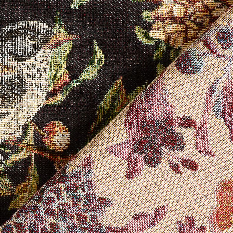 Dekorationsstof Gobelin blomster og fugle – sort/grøn,  image number 4