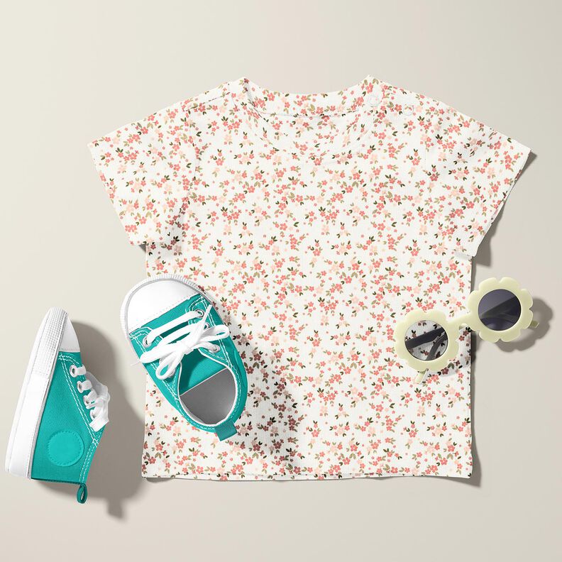 Bomuldsjersey Lyserøde blomster – elfenben,  image number 5