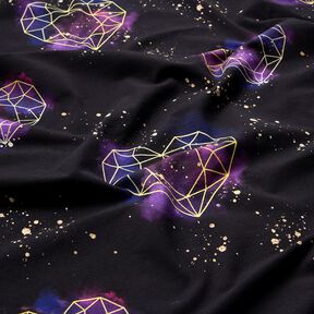 Bomuldsjersey Origamihjerter med guldkrymmel | Glitzerpüppi – sort/lilla, 