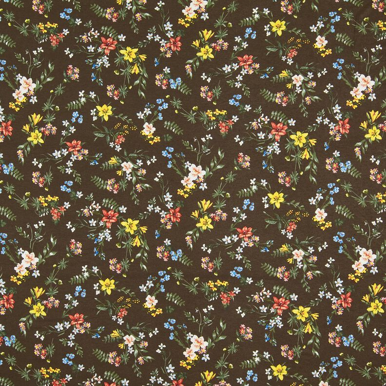 Viskosejersey små blomster – mørkebrun/ildrød | Reststykke 60cm,  image number 1